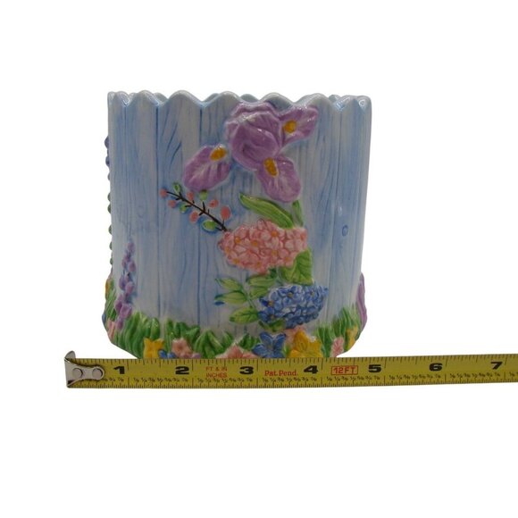 Hand Painted Floral Pattern Ceramic Planter Spring Easter Scalloped Edge Pastels - Picture 8 of 9